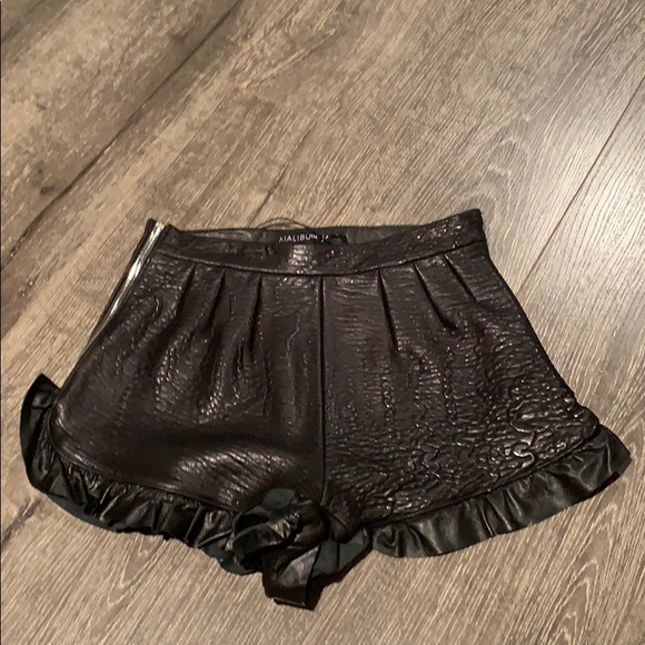 Black Genuine Leather Ruffle Shorts